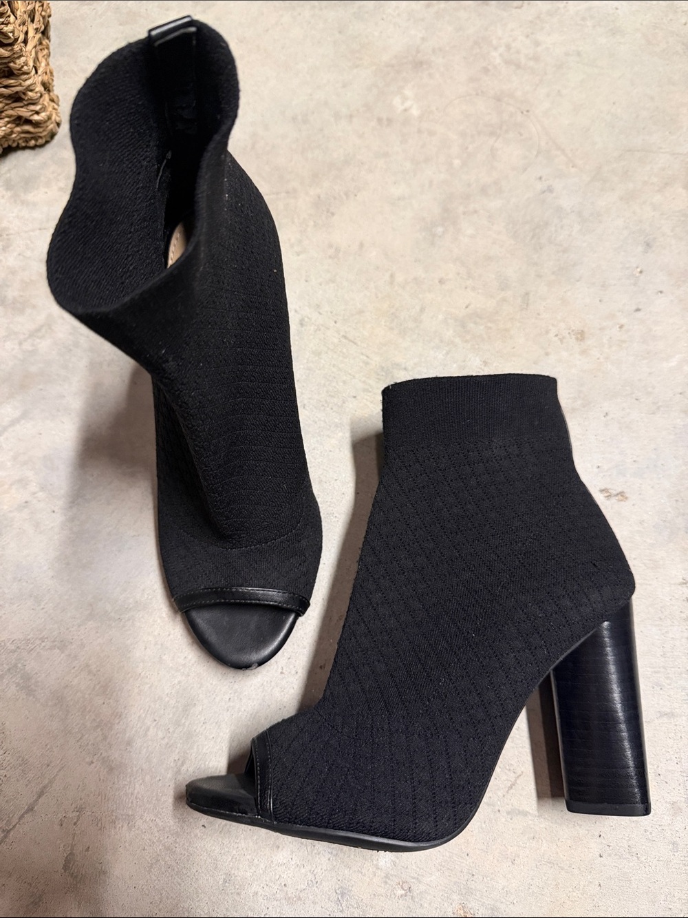 Black Knit Peep-Toe Block Heel Ankle Boots